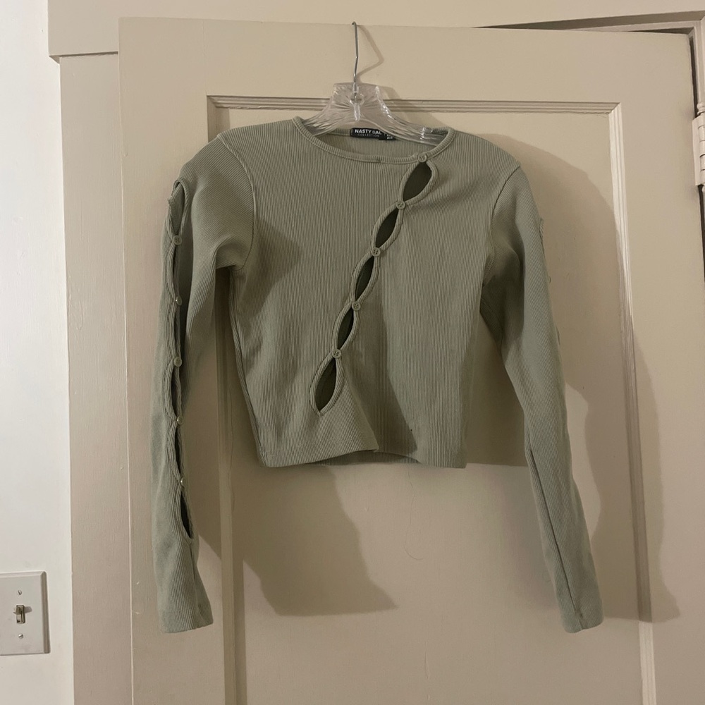 Nasty Gal Sage Green Cutout Long Sleeve Top